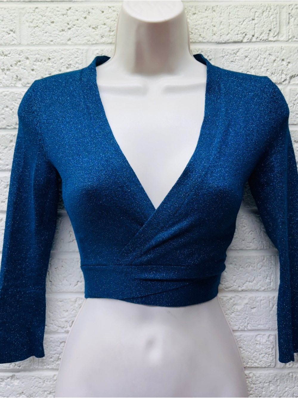 VTG‼ Y2K EXPRESS XS Sparkly Metallic Blue Tie-Back Crop 3/4 Sleeve Jacket • VG‼
